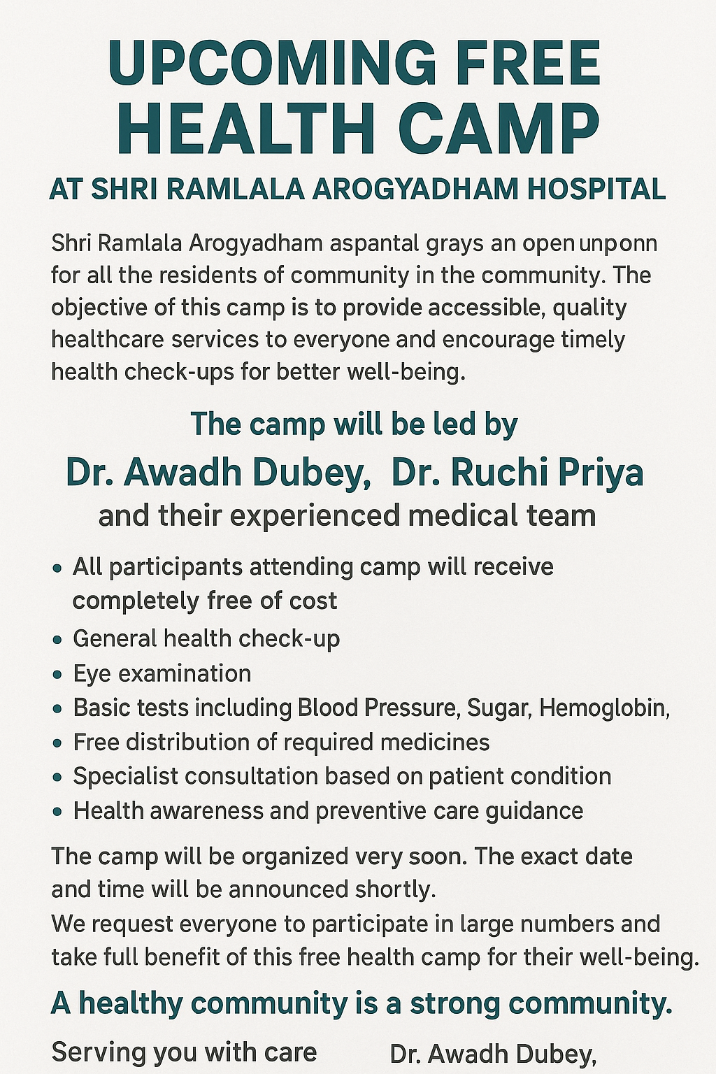Upcoming Free Health Camp at Shri Ramlala Arogyadham Hospital